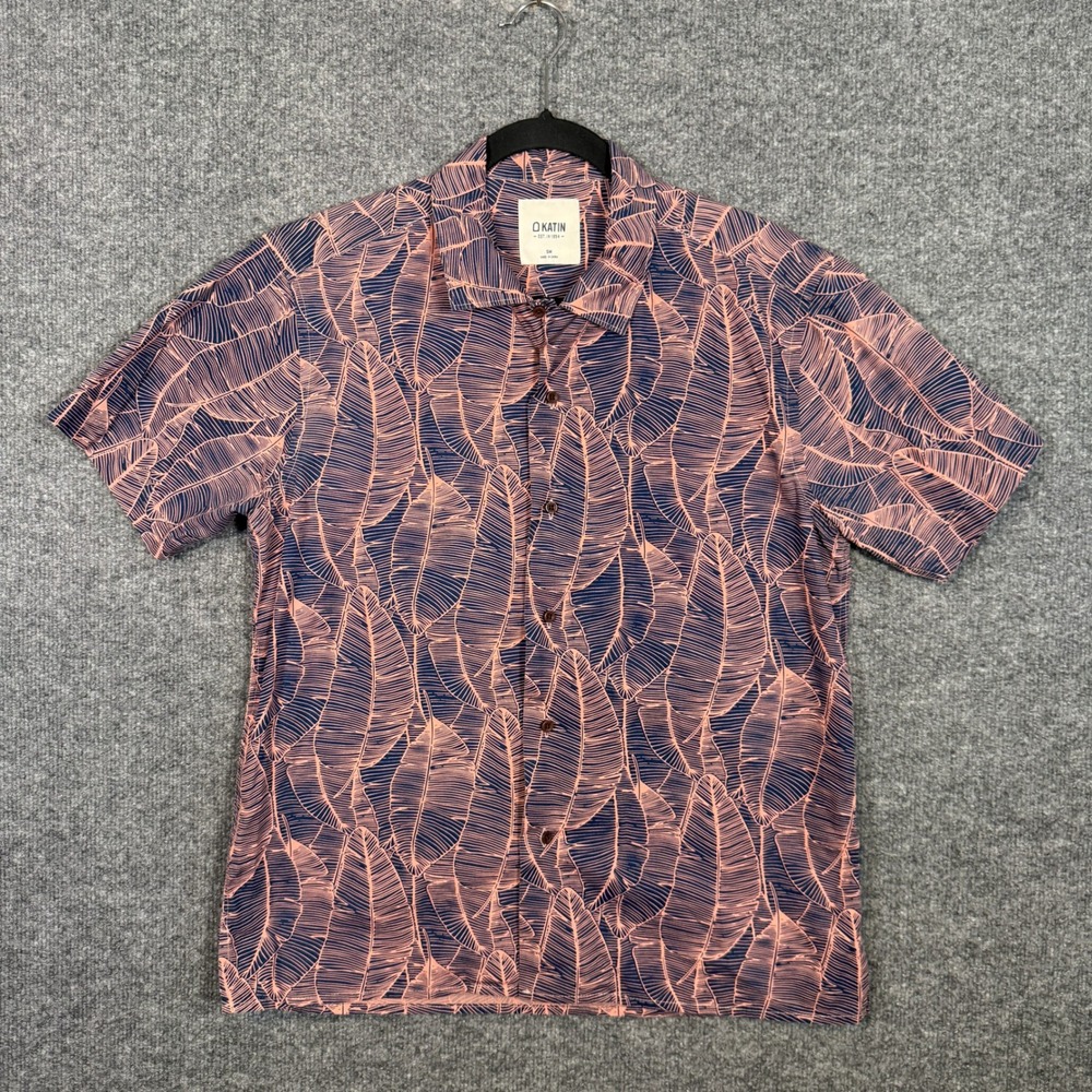 Katin Shirt Mens Small Pink Navy Blue Palm Leaf Hawaiian‎ Short Sleeve Button Up
